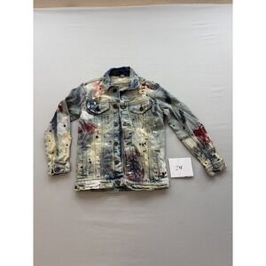 Evolution In Design Mens Distressed Paint Splatter Denim Jacket Blue Size L